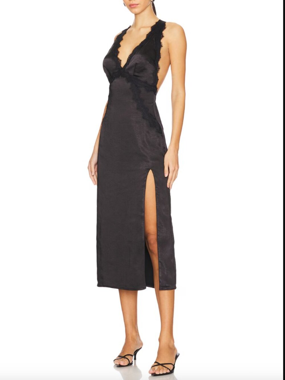 Black Lace-Trim Midi Dress with Side Slit